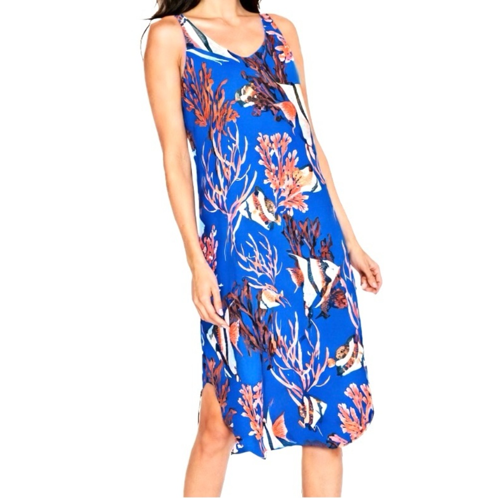 NIC+ZOE, Blue Coral Fish Print Shift Dress |Coastal Resort Vibe, Size M